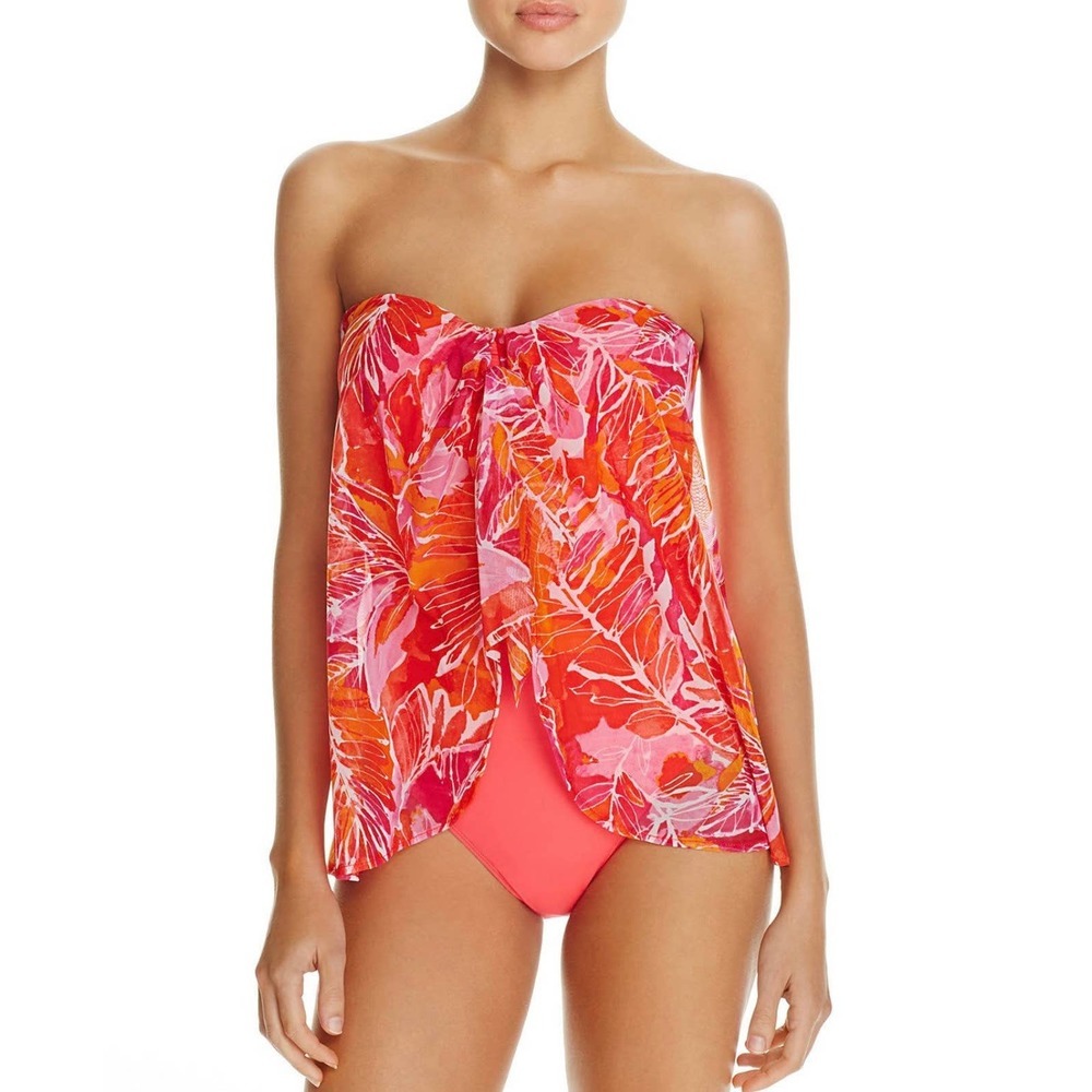 Ralph Lauren Flyaway Pink Orange One Piece Bandeau Swim Suit Size 6